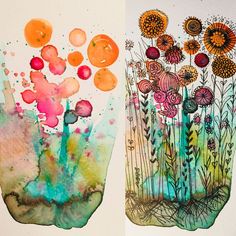 two paintings with flowers and plants on them, one is painted in watercolors