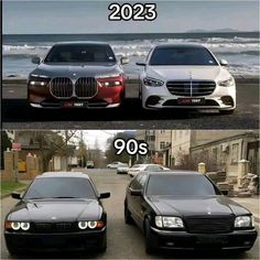 two cars parked next to each other in front of the ocean and on the beach