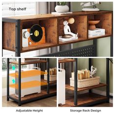 the shelf is made out of wood and has two compartments for books, magazines, and other items