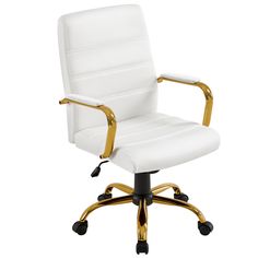 a white office chair with gold arms and wheels on an isolated white background, viewed from the front