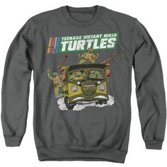 Teenage Mutant Ninja Turtles TMNT Van Men's Crewneck 50 50 Poly Long-Sleeve T-Shirt Dark Heather Cotton Crew Neck Top, Gray Crew Neck T-shirt For Winter, Ninja Turtle Van, Party Van, Junior Hoodies, Vans Sweatshirt, Mens Crewneck, Mens Crewneck Sweatshirt, Cartoon Sweatshirts