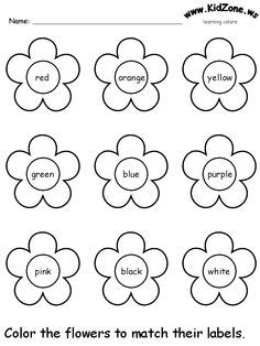 flower worksheet for kids to learn colors and matching them with the word flowers