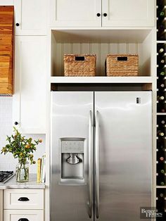 a stainless steel refrigerator freezer sitting in a kitchen next to white cabinets and drawers