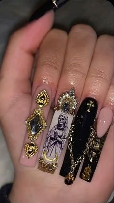 Nail Inspo Acrylic Coffin Long, Royalty Nails Aesthetic, Low Rider Inspired Nails, 4 20 Nails, Low Rider Nails, Ak47 Nails, Lowrider Nail Designs, Chicano Nails Designs, Santa Muerte Nails