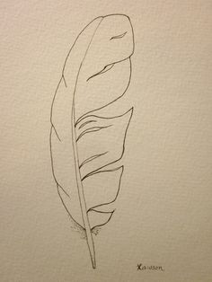 a black and white drawing of a single feather on a piece of paper with writing underneath it