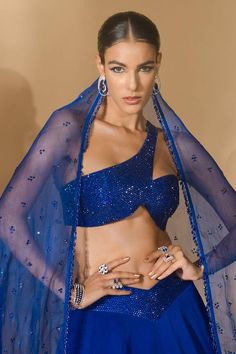 Blue lehenga with rhinestone embellished waistband. Comes with padded rhinestone embellished blouse and dupatta. - Aza Fashions Nikhil Thampi, Lehenga Pattern, Blue Lehenga, Embellished Blouse, Set Women, Set For Women, Aza Fashion, Lehenga, Volvo