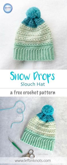 two pictures showing how to crochet the snow drops hat