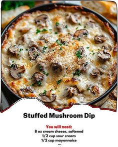 an advertisement for stuffed mushroom dip on a table