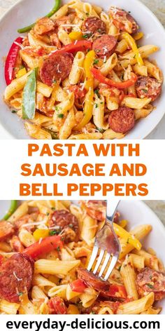 pasta with sausage and bell peppers in a white bowl