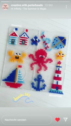 the cross stitch pattern is made with different colors and shapes, including an octopus, lighthouse,