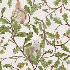 a painting of squirrels and acorns on a tree branch with green leaves