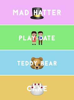 four different colored banners with the words mad hatter, placate, teddy bear and code