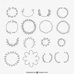 a collection of hand drawn wreaths and flower designs in various shapes, sizes and colors