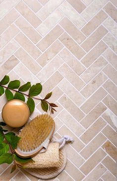 a close up of a hair brush on a tiled floor next to a leafy plant