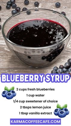 blueberry syrup in a glass bowl with berries around it and the recipe below that says, blueberry syrup 2 cups fresh blueberries i cup water