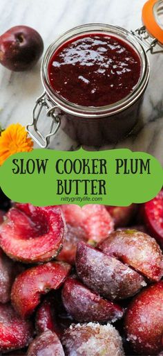 a jar of plum butter next to sliced plums