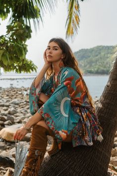 Floral Kimono Outfit, Hippie Boho Outfits, Myrtle Beach Vacation, Old Symbols, Kimono Outfit, Colorful Outfits, Kimono Sleeves, Long Kimono, Moon Print