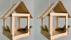 two pictures of a bird house made out of wood with plants growing in the roof