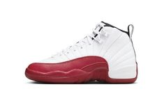 The Air Jordan 12 GS “Cherry” is the youth sizing of an original colorway of Michael Jordan’s twelfth signature shoe that debuted in 1997.  Worn by Jordan with the Chicago Bulls throughout the NBA’s 1996-97 regular season, the Jordan 12 “Cherry” is one of the most iconic Jordan models of all time.  The 2023 version of the shoe remains faithful to the original style from ‘97.  It features a white leather construction with a Varsity Red textured mudguard/toe panel that transitions into the midsole Jordan 12 Cherry, Cherry Shoes, Jordan Model, Air Jordan 12, Jordan 12, Jordans 12, Stadium Goods, Kids Jordans, Adidas Samba