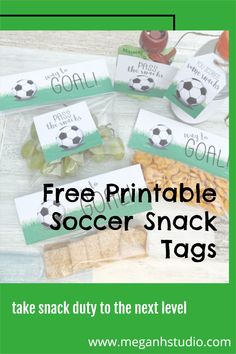 free printable soccer snack tags with text that reads, take snack duty to the next level