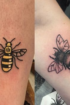 two tattoos with bees on their legs, one is yellow and the other is black