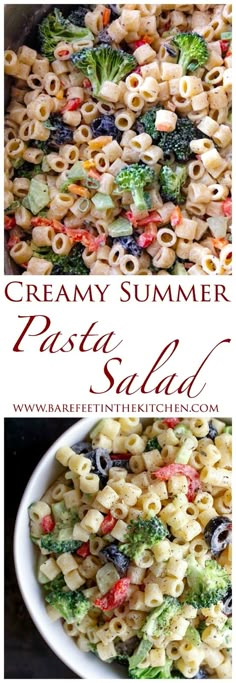 this creamy summer pasta salad is loaded with broccoli, black olives and tomatoes