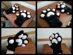 four pictures of the same animal's paw on a table