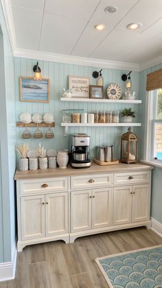 Coastal Preppy Kitchen Preppy Decor, Preppy Kitchen, Coffee Nook, Kitchen Projects, Coffee Bar, Soft Lighting, Wood Furniture, Design Your Own, Projects To Try