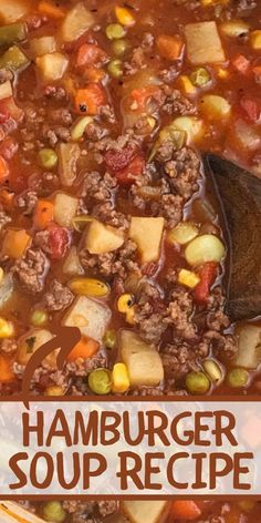 vegetable hamburger soup in a large pot with a wooden spoon and text overlay that reads, vegetable hamburger soup