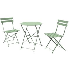 three green chairs and a table on a white background