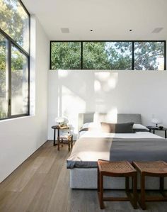 a bed sitting in the middle of a bedroom next to two tables