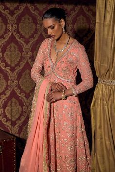 Pink anarkali with floral embroidery and lace work. Paired with a palazzo and embroidered dupatta. - Aza Fashions Anarkali Set With Intricate Embroidery, Anarkali Churidar With Intricate Embroidery, Anarkali Choli With Chikankari Embroidery, Intricate Embroidered Anarkali Set For Festivals, Anarkali Churidar With Resham Embroidery For Reception, Sheer Dupatta Anarkali For Reception, Bollywood Anarkali Set With Chikankari Embroidery For Reception, Transitional Anarkali Set For Reception, Transitional Season Anarkali Set For Reception