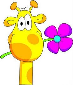 a cartoon giraffe holding a flower in its mouth and looking at the viewer