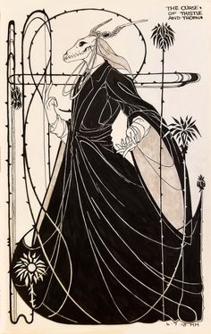 a black and white drawing of a woman in a long dress holding a staff with an animal on it's back