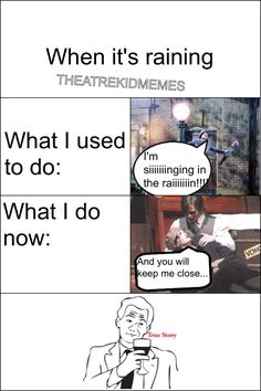 a comic strip with the words when it's raining, what i used to do what i do now