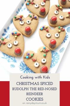 christmas cookies with eyes and noses are on a blue and white plate that says, cooking with kids christmas spice rudolph the red - nosed reindeer