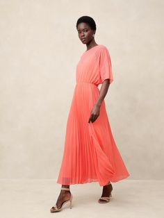 Chiffon Pleated Maxi Dress | Banana Republic Factory A-line Dress With Pleated Sleeves For Brunch, Summer Formal Flowy Midi Dress, Summer Formal Midi Dress With Flowy Skirt, Spring A-line Maxi Dress For Dinner, Spring Dinner A-line Maxi Dress, Flowy Summer Dress For Formal Occasions, Summer Formal Dress With Flowy Skirt, Formal Flowy Skirt Dress For Summer, Formal Summer Dress With Flowy Skirt