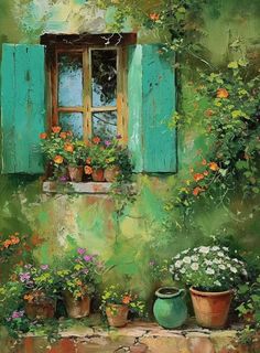 an oil painting of flowers and potted plants in front of a window with green shutters