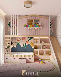 a child's bedroom with pink walls and colorful wallpaper