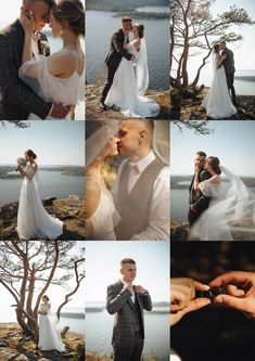 a bride and groom posing for pictures by the water