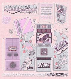 an advertisement for the arcade machine, with various items in pink and white on it