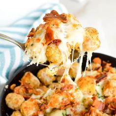 a close up of a spoonful of cheesy tater tot casserole