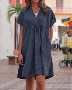 casual v neck solid woman linen dresses p331703, Navy-US8 Bohemian Casual Dress, Vintage Dresses Casual, Long Sundress, Loose Dresses, Linen Dress Women, Boho Summer Dresses, Dress Sleeve Styles, Straight Dress, Midi Short Sleeve Dress