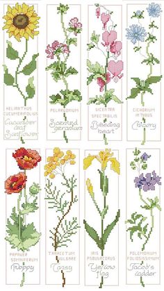 cross stitch bookmarks with different flowers on them