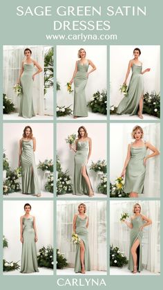 the sage green satin dress is shown in multiple pictures