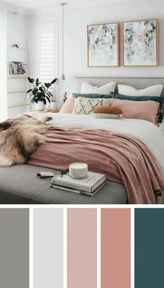 a bedroom with pink and blue colors in the walls, white bedding, gray pillows,