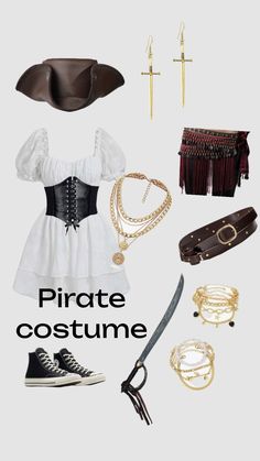 pirate costume with accessories including boots, necklaces and belt