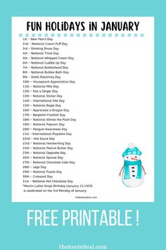 the free printable fun holidays in january list for kids to use on their own