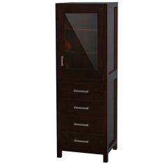 a tall wooden cabinet with glass doors on the front and bottom drawers in dark wood