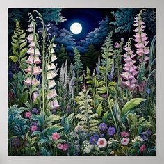 a painting of flowers and plants with the moon in the background